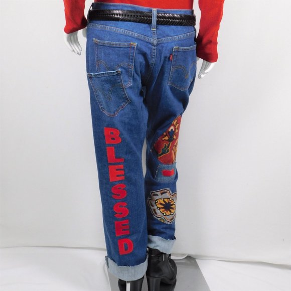 Upcycled Denim Boyfriend Blessed Patchwork Jeans 14 (123024) - Picture 4 of 5